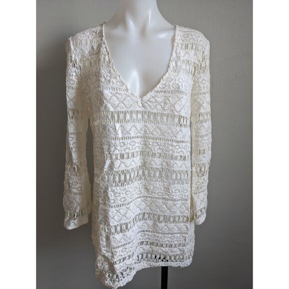 Milly Cabana Size Small Crochet Shift Mini Dress White V Neck Long Sleeves - Picture 4 of 14